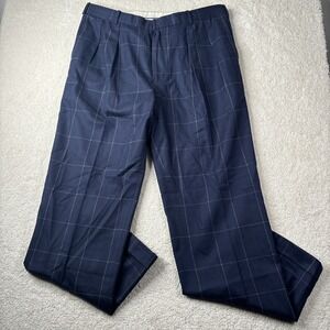 Polo Golf Ralph Lauren Pants Mens 38 L Navy Blue Windowpane Pleated Cuffed Dress